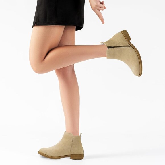 Women's Beige Sand Ankle Boots Short Flat Low Heel Dress Chelsea Casual Classic - Picture 7 of 9